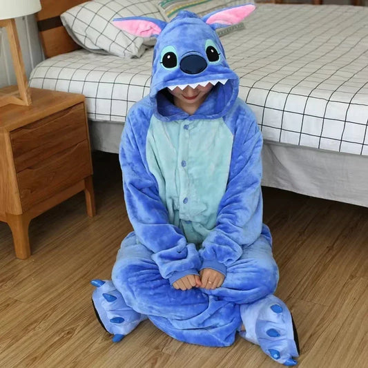Disney Stitch Winter Adult Jumpsuit Men's and Women's Sleepwear Set Integrated Halloween Christmas Hooded Anime Jumpsuit-belleandkai.com
