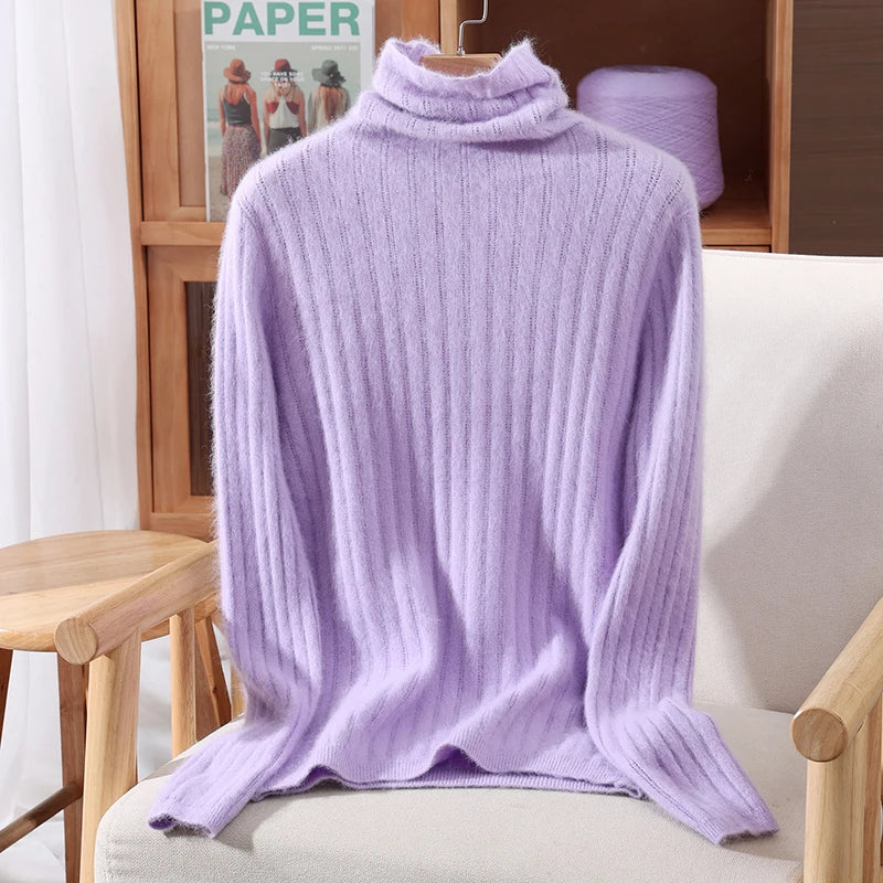 Autumn Winter Solid Color Mink Fur Women's Pile Neck Hollowed Out Slim Fit Knitted Sweater, High Neck Base Pullover, Stylish New-belleandkai.com