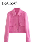 TRAFZA 2024 Autumn Winter Female Street Fashion Solid Jackets Causal With Pockets Button Down Turn Down Collar Elegant Coats-belleandkai.com