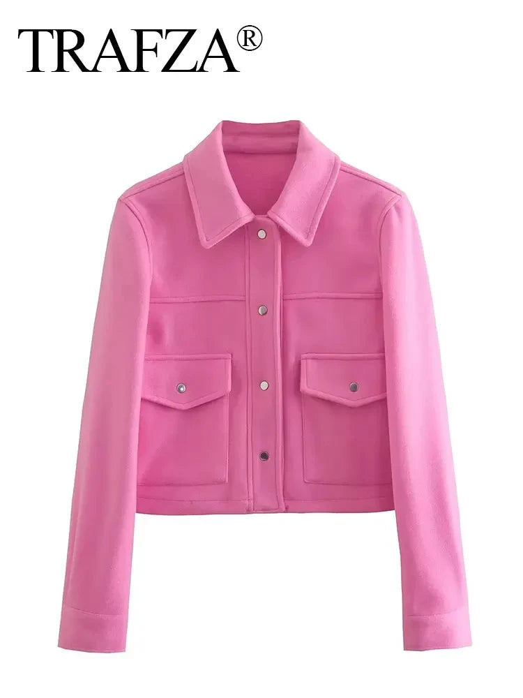 TRAFZA 2024 Autumn Winter Female Street Fashion Solid Jackets Causal With Pockets Button Down Turn Down Collar Elegant Coats-belleandkai.com
