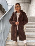 Autumn and winter cross-border women's clothing hot item: furry long sleeved lapel women's plush top long coat-belleandkai.com