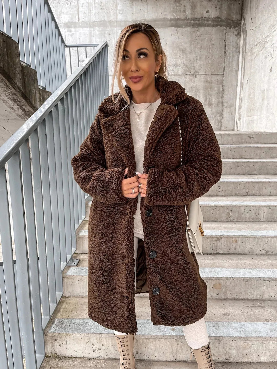 Autumn and winter cross-border women's clothing hot item: furry long sleeved lapel women's plush top long coat-belleandkai.com
