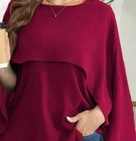 Plus Size 1XL-5XL Women’s Solid Batwing Sleeve Round Neck Shirt Top Women Fashion and Comfort Cloak Top Clothing-belleandkai.com