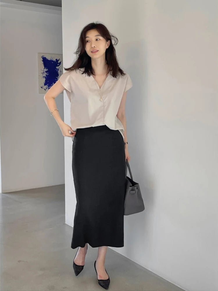 Shirts & Blouses For Women Half Sleeve Summer Loose Button Up Woman Top V Neck Simple Cheap Stylish Offer Aesthetic Hot Xl S Xxl-belleandkai.com
