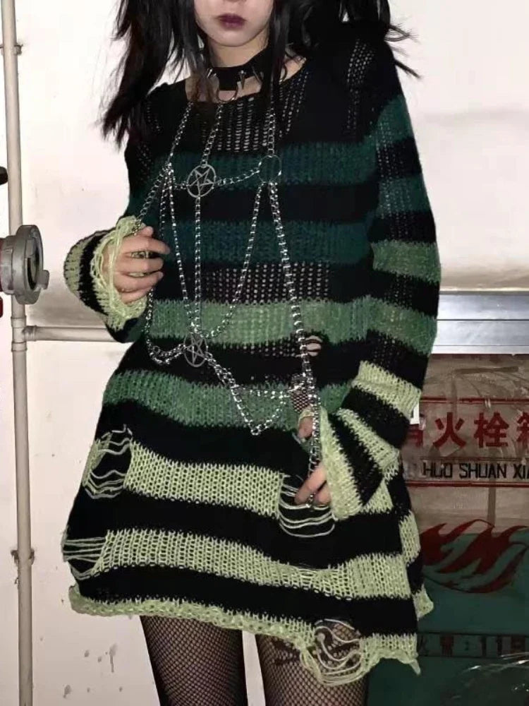 New Autumn Punk Gothic Long Unisex Sweater Women Striped Cool Hollow Out Hole Broken Jumper Loose Rock Thin Dark Streetwear Top-belleandkai.com
