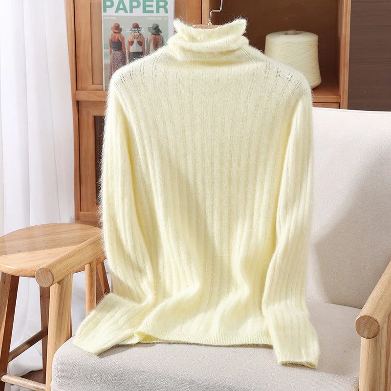 Autumn Winter Solid Color Mink Fur Women's Pile Neck Hollowed Out Slim Fit Knitted Sweater, High Neck Base Pullover, Stylish New-belleandkai.com