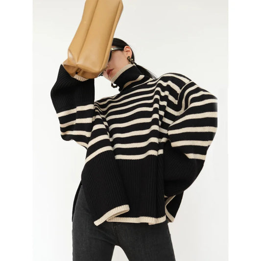 Women's Striped Turtleneck Sweater2023New Autumn and Winter Loose Design Niche Knitwear Pullover Coat-belleandkai.com