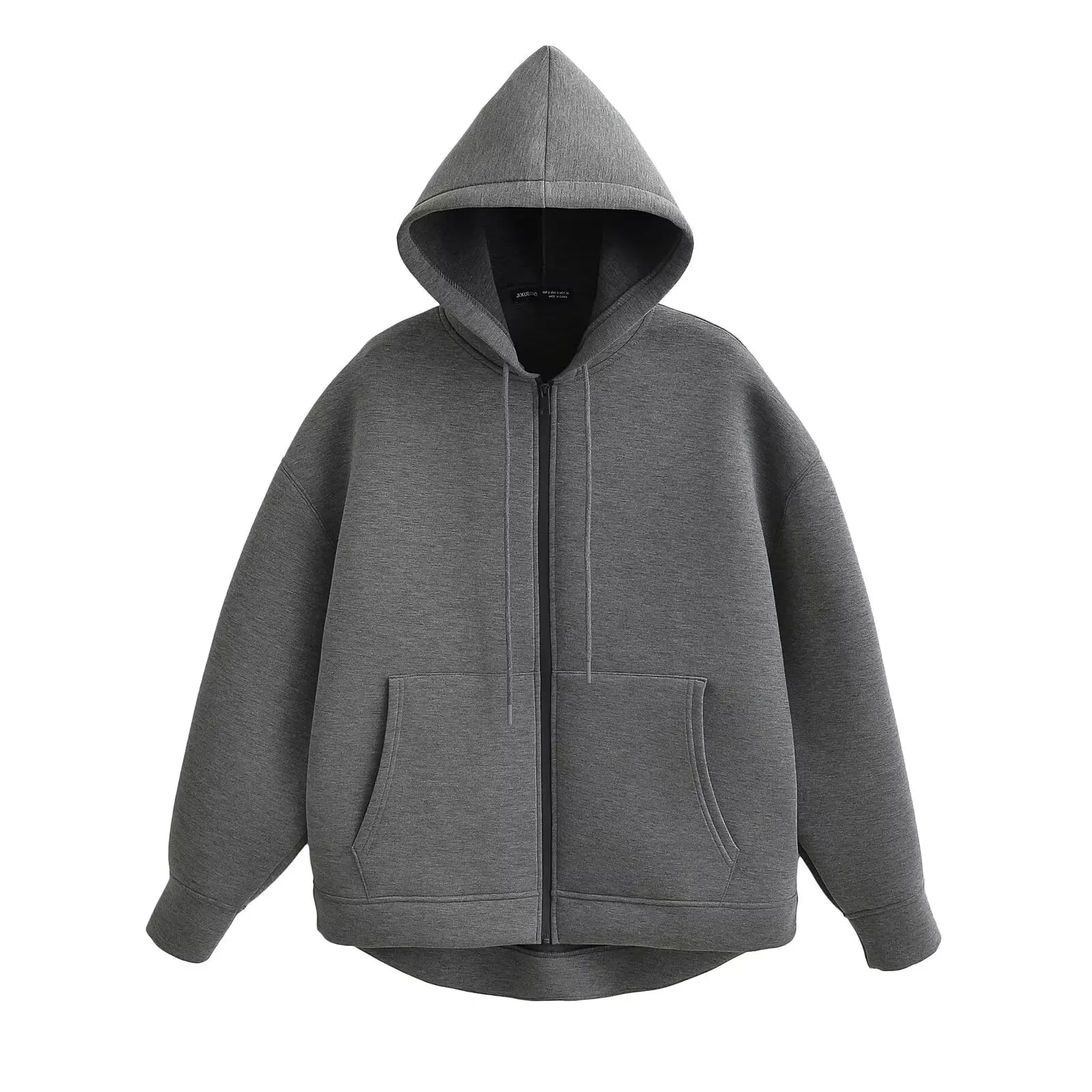 TRAFZA Autumn Women Gray Jacket With Hood Long Sleeve Big Pocket Zipper Jacket Coat Woman Loose Casual Outerwear Coat Tops-belleandkai.com