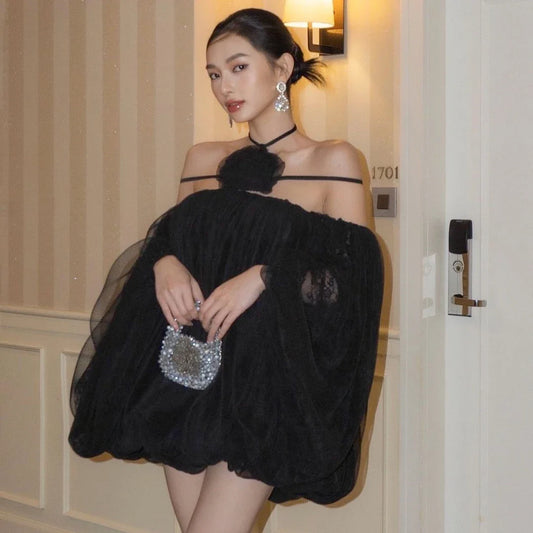 WhereMery Off Shoulder Elegant Mesh Backless Appliques Halter A-line Solid Mini Dress Y2K Summer Casual Party New Women Vestidos-belleandkai.com