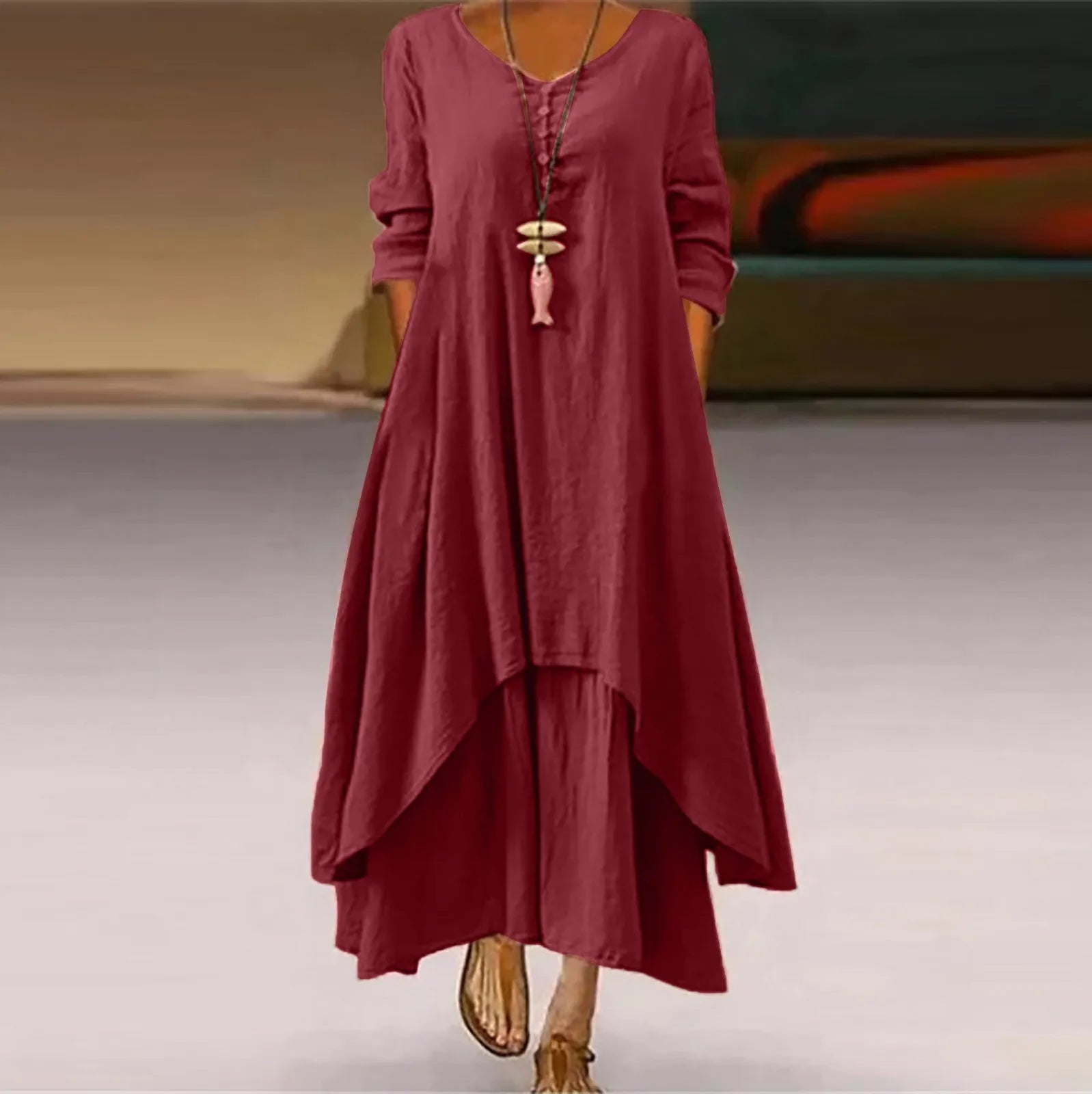 Cotton Women'S Casual Fashion Loose Long Dress With Button Solid Color Dresses-belleandkai.com