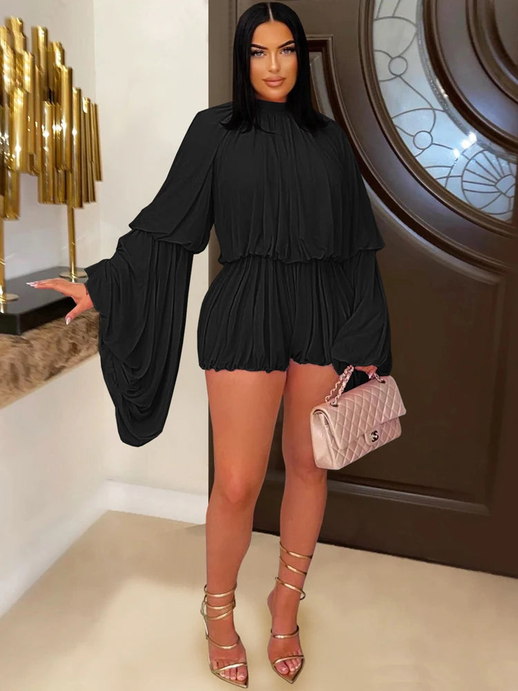 Beyprern New Chic Pink Ruffles Tierred Mesh Romper Cute Girls Batwing Sleeve Ruched Short Jumpsuit Loose Overalls Night Clubwear-belleandkai.com
