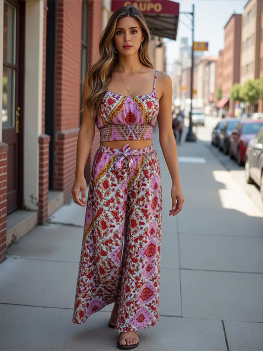 TRAFZA Summer Women Boho Two Piece Print Outfits Strap Sleeveless Tops High Waist Drawstring Trousers Holiday Beach Lady Sets-belleandkai.com