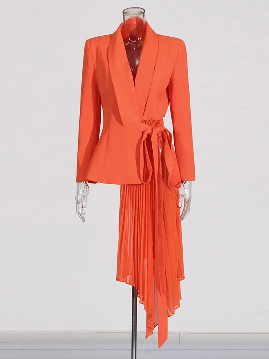 Designer Solid Spliced Ruffles Blazer For Women Notched Collar Long Sleeve Patchwork Lace Up Slim Runway Coat Female Fashion-belleandkai.com