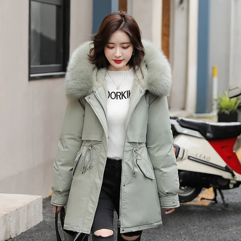 Women Parka Fashion Long Coat Wool Liner Hooded Parkas 2023 New Winter Jacket Slim with Fur Collar Warm Snow Wear Padded Clothes-belleandkai.com
