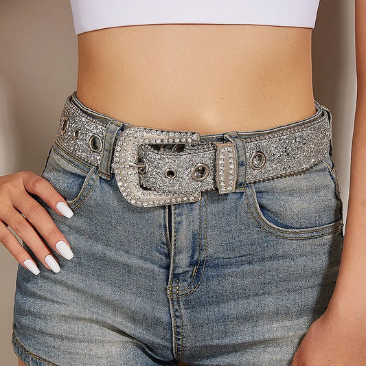 Stylish Rhinestone Western Cowgirl Style Y2K Belt Sparking Pu Leather BB Belts Jeans Dress Accessories For Women-belleandkai.com