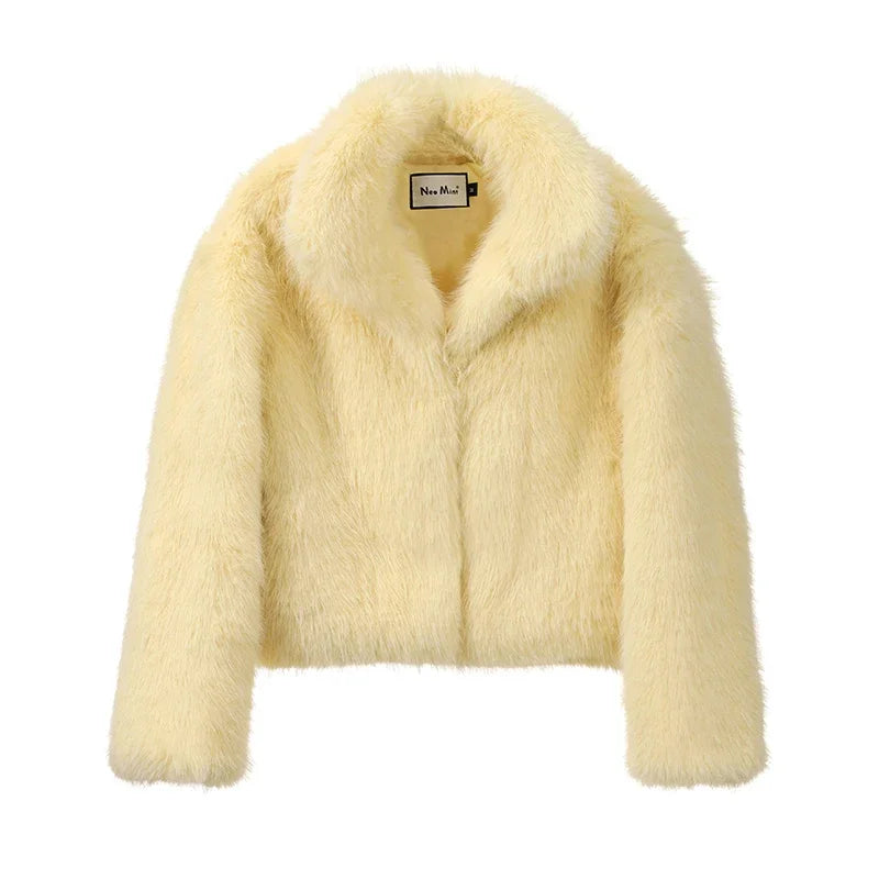 Neo Mint 2024 Winter Women Yellow Faux Fur Jacket Chic Girls Fashion Streetwear Thicken Warm Stand Collar Fox Fur Coat Outerwear-belleandkai.com