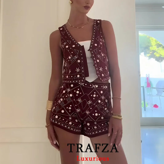 TRAFZA Casual Chic Red Embroidery Women Suits V Neck Sleeveless Vest Wide Leg Shorts Fashion 2025 Summer  Boho V Neck Women Sets-belleandkai.com