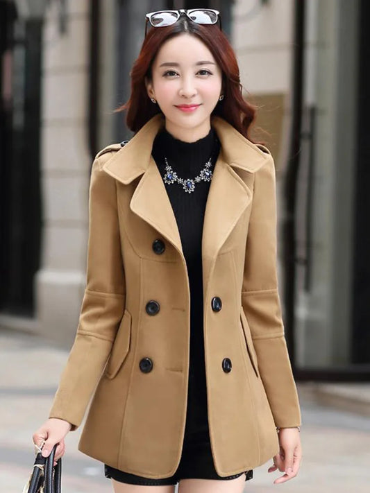 New Autumn Winter Woolen Coat Women Slim Double Breasted Medium Long Wool Blend Warm Female Overcoat Winter Coat Jacket-belleandkai.com