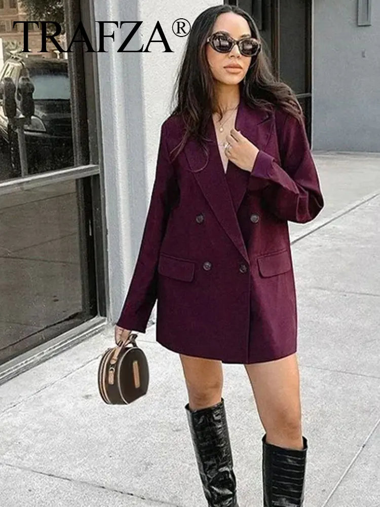 TRAFZA Women's Burgundy Blazers Elegant Double Breasted Coat Long Sleeve Blazer Jacket Autumn Lady Office New Wine Red Outerwear-belleandkai.com