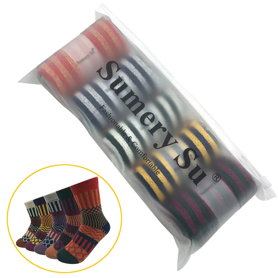 5 Pairs/Lot Wool Socks Women Winter Japanese Harajuku  Bohemian Cashmere Warm Colorful Socks Ladies Girl Christmas Gift 5 Styles-belleandkai.com