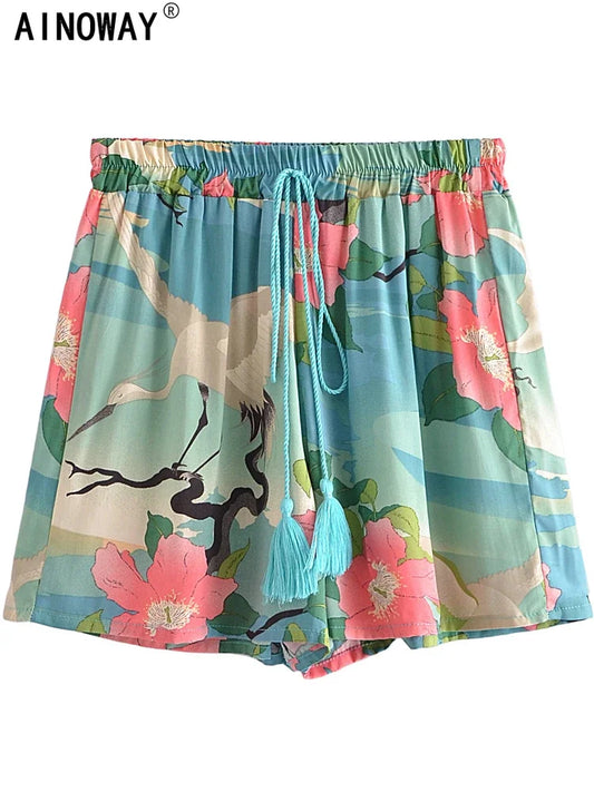 Summer Vintage Chic Women Crane Floral Print Bohemian Happie Short Ladies Elastic Waist Loose Beach Rayon Boho Shorts-belleandkai.com