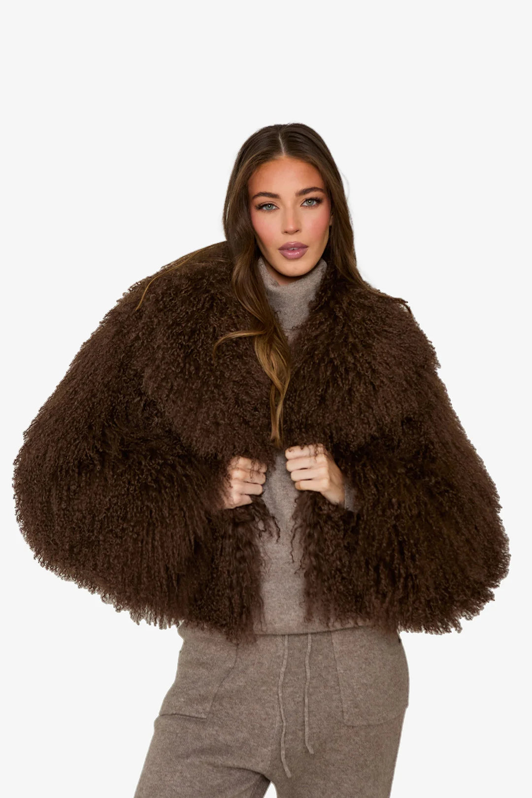 Women's Light gray Mongolian Fur Jacket – Real Sheepskin, Fluffy Short Coat, Winter Fashion Outerwear for Elegant Look-belleandkai.com