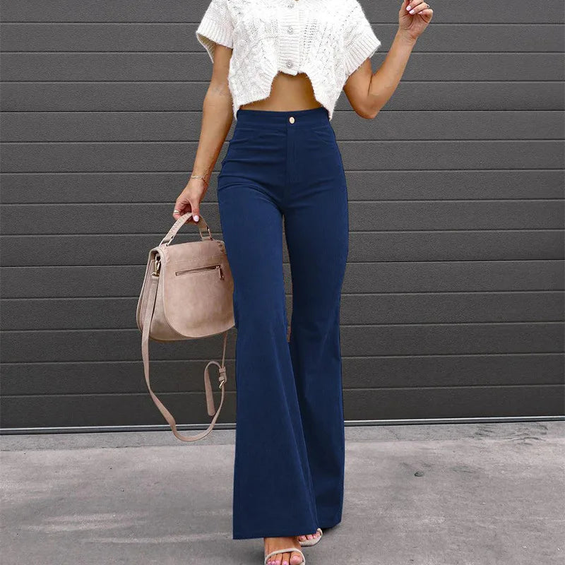 Street Fashion Pantalon Europe American Spring Autumn Women's Solid Mid Waist Slim Micro Bell Bottoms Corduroy Casual Sweatpant-belleandkai.com