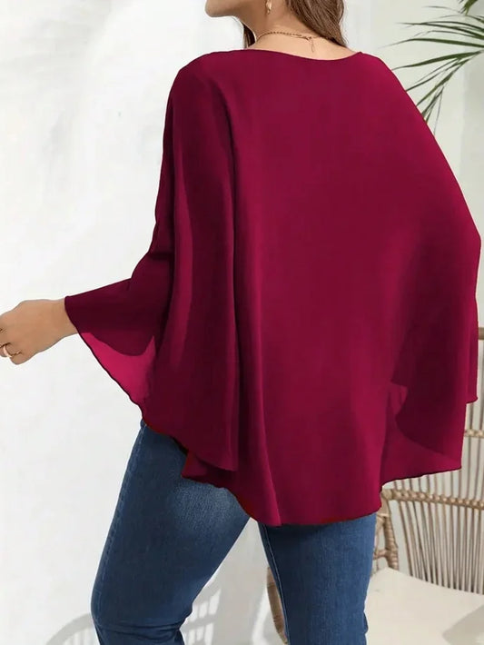 Plus Size 1XL-5XL Women’s Solid Batwing Sleeve Round Neck Shirt Top Women Fashion and Comfort Cloak Top Clothing-belleandkai.com