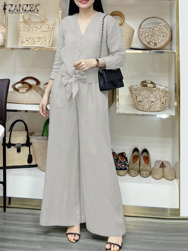 2025 ZANZEA Fashion Long Sleeve Blouse Pant Sets Spring Autumn Outfits 2PCS Women Work Matching Sets Casual Solid OL Tracksuits-belleandkai.com
