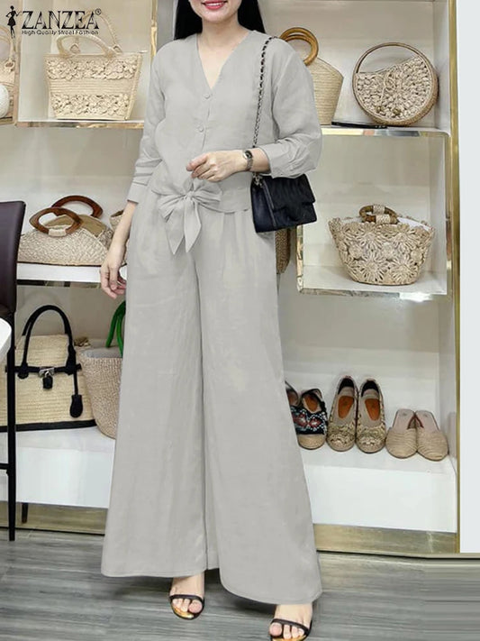 2025 ZANZEA Fashion Long Sleeve Blouse Pant Sets Spring Autumn Outfits 2PCS Women Work Matching Sets Casual Solid OL Tracksuits-belleandkai.com