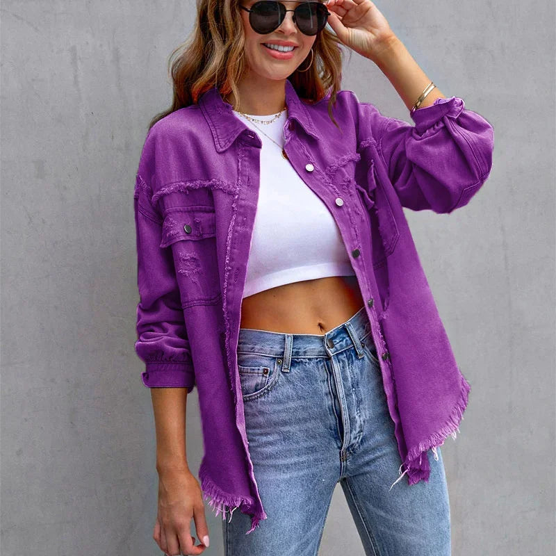 Fashion Broken Holes Solid Color Denim Jacket Ladies Comfortable Casual Loose Button Cardigan Coat Streetwear Women's Outerwear-belleandkai.com