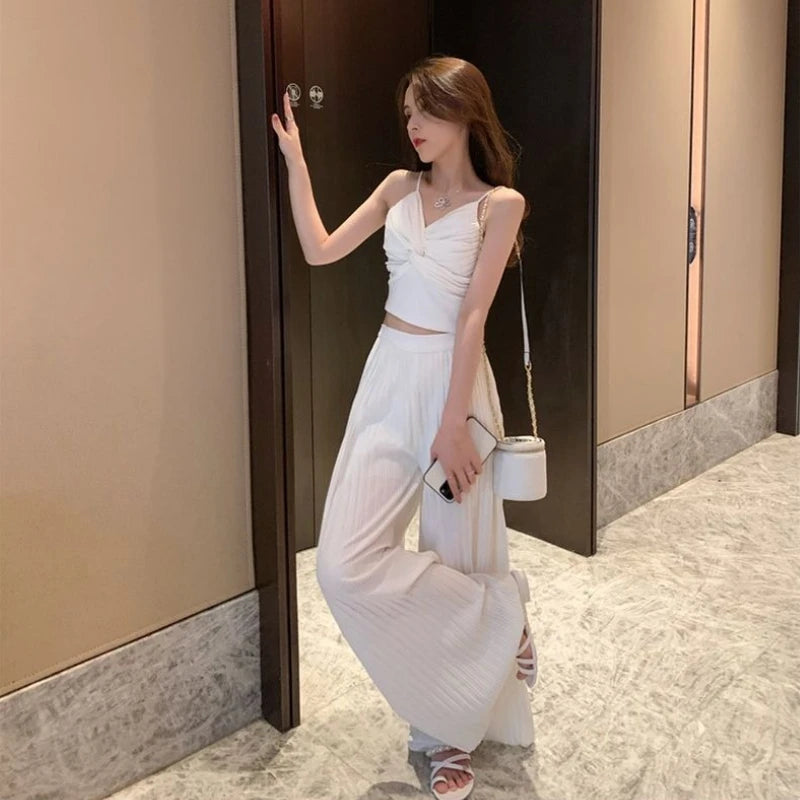 Wide Leg Pant Sets for Women 2 Pieces Aesthetic Korean Style Clothing Trend 2025 Cheap Classy Sales  Slings and Trousers Woman-belleandkai.com
