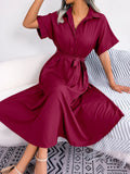 Women Summer Casual Short Sleeve Slim Waist Shirt Dress-belleandkai.com