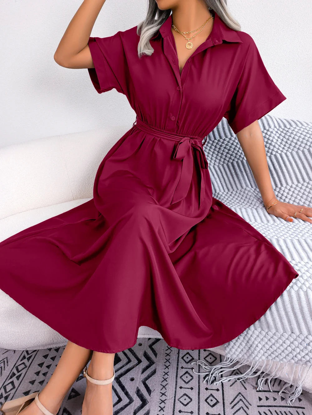 Women Summer Casual Short Sleeve Slim Waist Shirt Dress-belleandkai.com