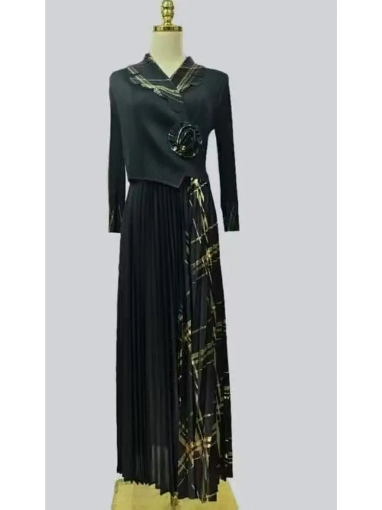 2025 Miyake Pleats Wholesale New Dresses Printed Suit Collar Fake Two Temperament Loose Women's Dress-belleandkai.com