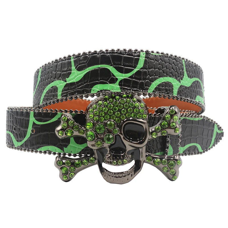 Skull Rhinestone Belts For Women Men Y2K Leather Strap Crystal Studded Western Cowgirl Cowboy Diamond Bling Bling Belt-belleandkai.com