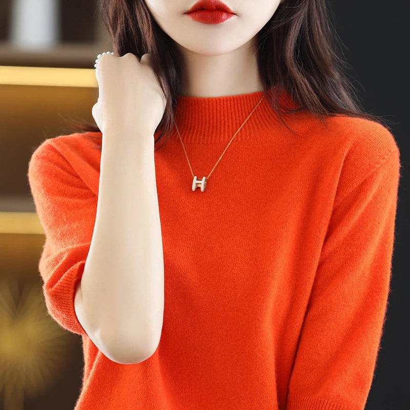 RONGYI Seamless Cashmere Sweater Knitted Women's Clothing 100% Pure Wool Short-Sleeved 2022 Spring Five-Quarter Sleeve  Pullover-belleandkai.com