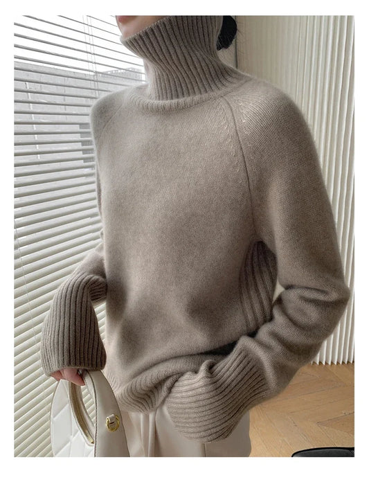Women's Turtleneck Cashmere Sweater Loose Thickened Pullover Korean Style Lazy Wind Heavy for Autumn Winter-belleandkai.com