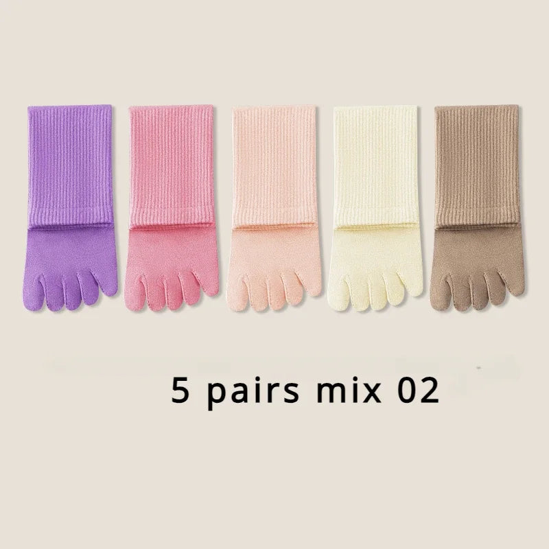 5 or 10 Pairs Women Sports Toe Socks with Separate Fingers High Tube Five Finger Cotton Crew Socks Yoga High Quality-belleandkai.com