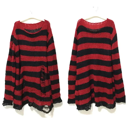 New Autumn Punk Gothic Long Unisex Sweater Women Striped Cool Hollow Out Hole Broken Jumper Loose Rock Thin Dark Streetwear Top-belleandkai.com