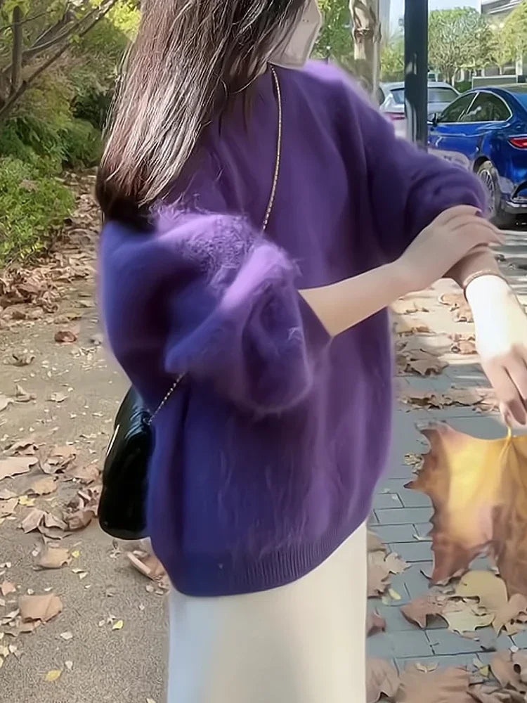 Purple Sweater Top Women's Autumn  Winter Plush Fluffy Soft Loose Hair Pullover Sweater Jumper Streetwear Y2k-belleandkai.com