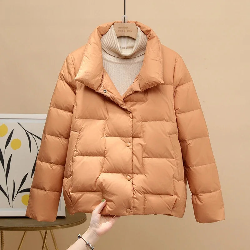 Autumn Winter Down Jacket For Women 2024 Solid Stand Collar Plaid Ultralight White Duck Down Coat Keep Warm Puffer Jacket Female-belleandkai.com