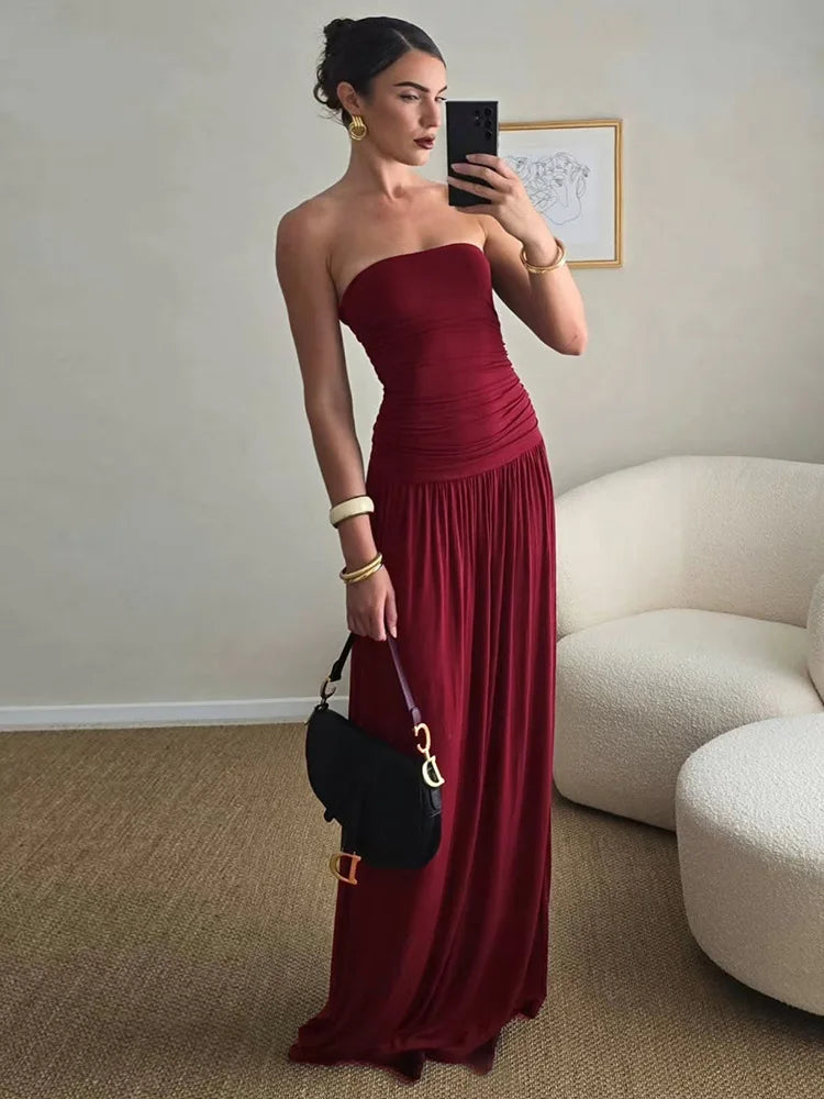 Mozision Off-shoulder Strapless Pleated Sexy Maxi Dress Women Fashion Backless Sleeveless High Waist Ruched Long Dress Elegant-belleandkai.com