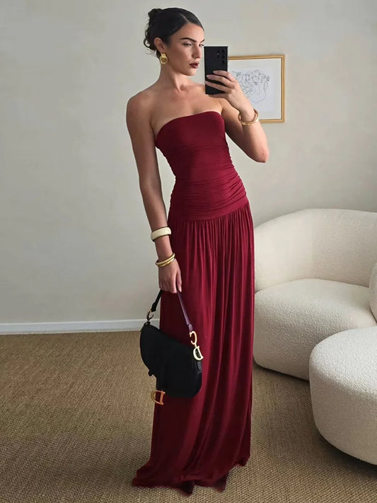 Mozision Off-shoulder Strapless Pleated Sexy Maxi Dress Women Fashion Backless Sleeveless High Waist Ruched Long Dress Elegant-belleandkai.com