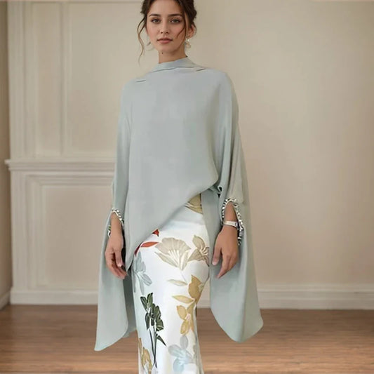 Retro Floral Print Two Piece Set Fashion O Neck Batwing Sleeves Irregular Clipping Solid Color Stand Collar Blouses Tops Suits-belleandkai.com