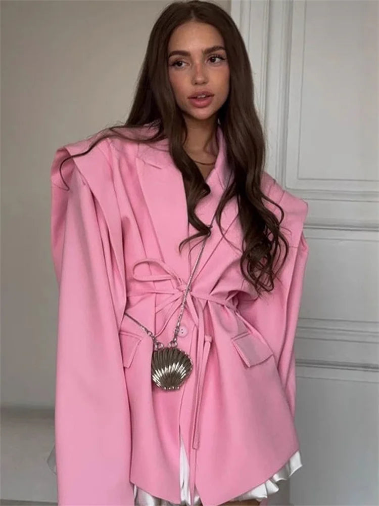 Tossy Elegant Commute Suit jacket Female Lace-Up Loose Pocket Patchwork Lapel Party Looks Outwear For Women Bandage Coat jacket-belleandkai.com