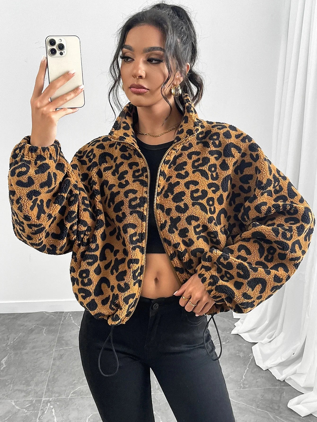 Flash Fleece Loose Cardigan Zipper Leopard Print Plush Autumn Winter New Arrival Women's Outerwear Thickened Long Sleeve Coat-belleandkai.com