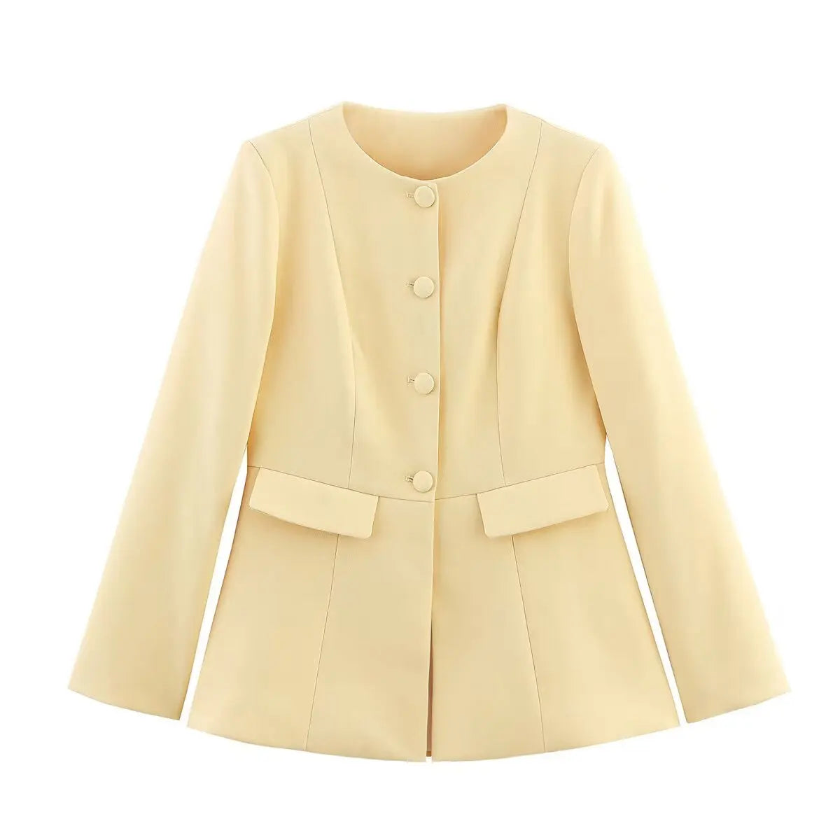 TRAFZA Female Autumn Fashion Yellow Blazer Long Sleeves Solid O Neck Single Breasted Casual Office Lady Outerwear Elegant Coats-belleandkai.com