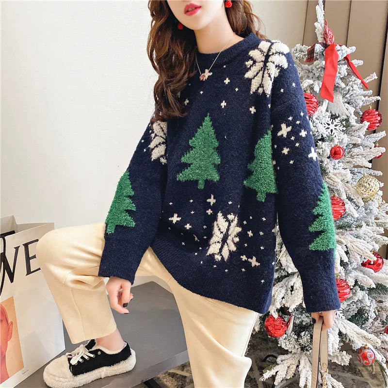 2024 Autumn/Winter New Korean Thickened Color blocked Christmas Sweater Women Hoodie Snowflake Loose Round Neck Lazy Style Tops-belleandkai.com