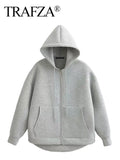 TRAFZA Autumn Women Gray Jacket With Hood Long Sleeve Big Pocket Zipper Jacket Coat Woman Loose Casual Outerwear Coat Tops-belleandkai.com